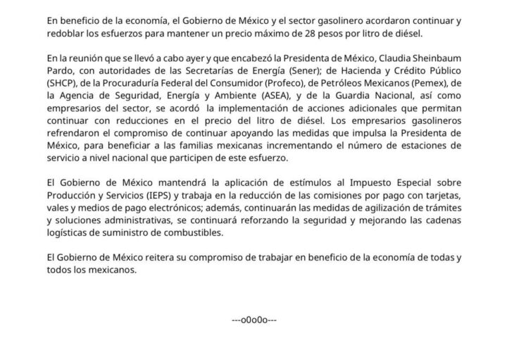 Gobierno fija tope de 28 pesos por litro al diésel tras acuerdo gasolinero