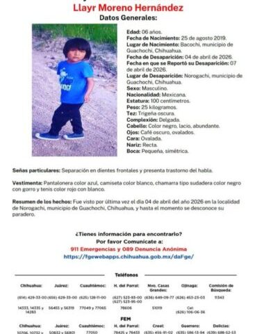 Fiscalía mantiene búsqueda de menor desaparecido en Guachochi