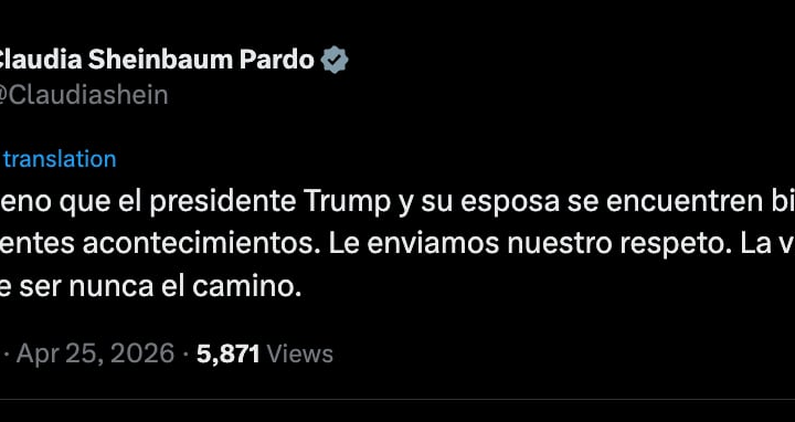 Sheinbaum se pronuncia tras incidente en Washington: Trump y su esposa están bien