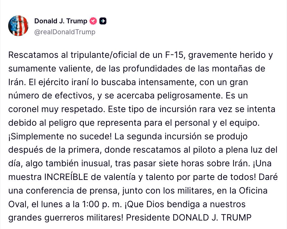 Trump revela rescate del segundo piloto derribado en Irán