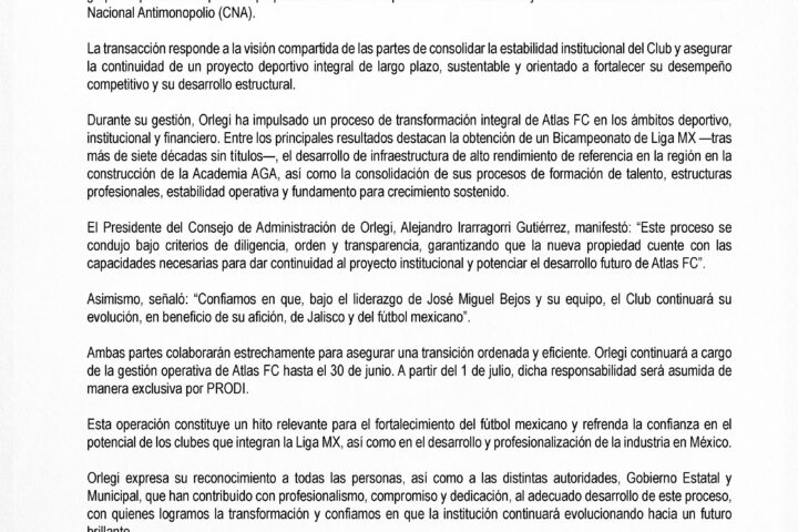 Comunicado venta de Atlas