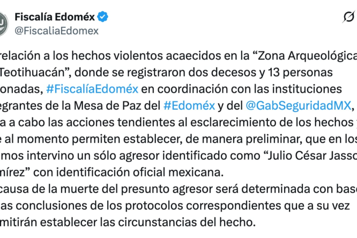 Fiscalía Edomex identifica a Julio César Jasso Ramírez como tirador en Teotihuacán