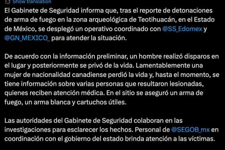 Claudia Sheinbaum lamenta balacera en Teotihuacán