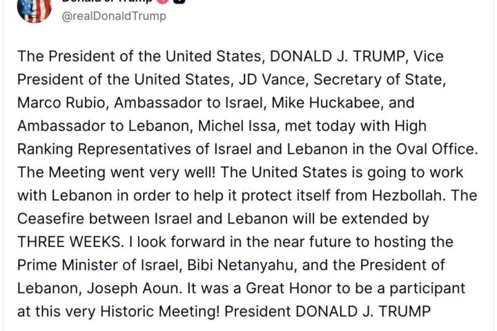 Truth Social de Trump sobre Líbano e Israel.