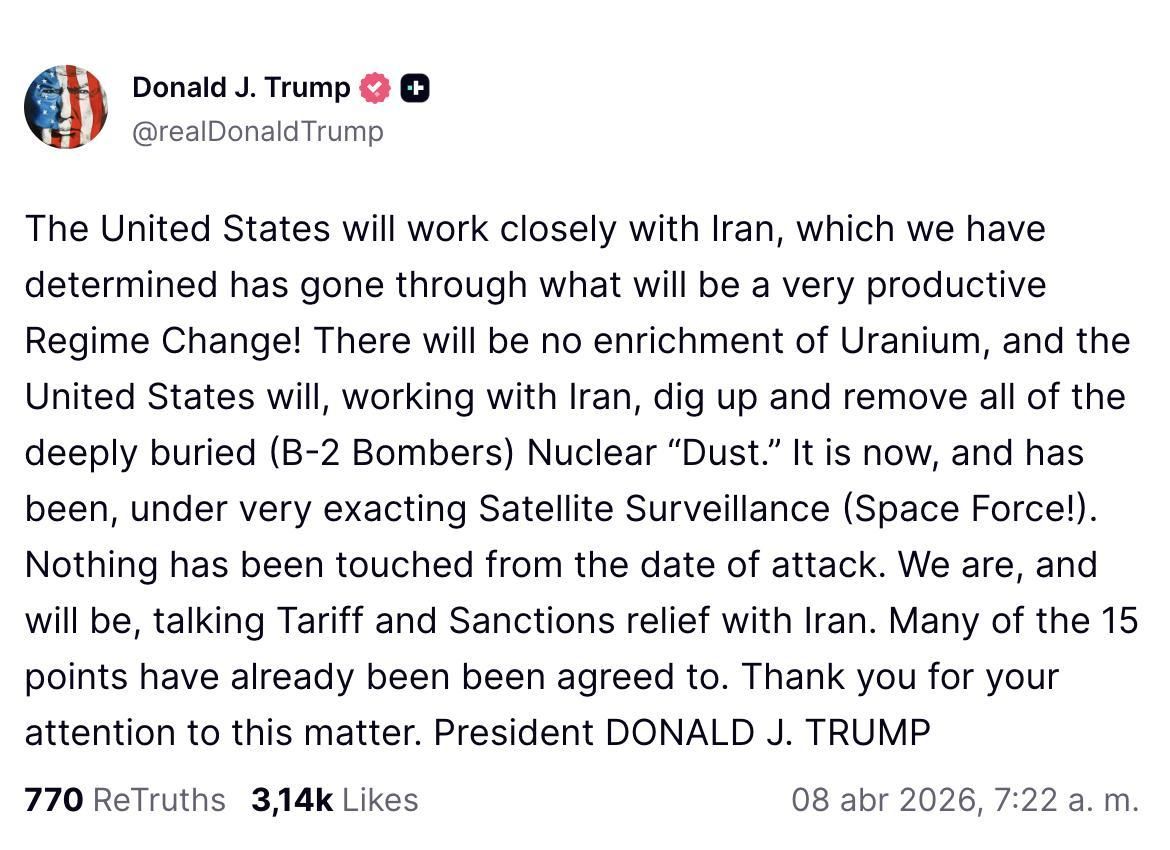 Truth Social de Donald Trump sobre acuerdos con Irán.