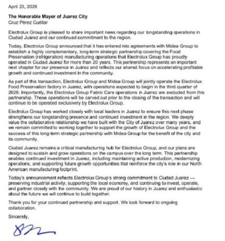 Noticias Chihuahua Pausa.MX Anuncia inversiones de Electrolux en Juárez