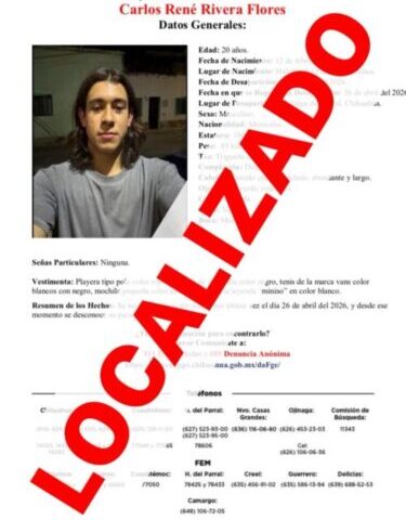 Confirma FGE Zona Sur localización con vida de joven desaparecido en Parral