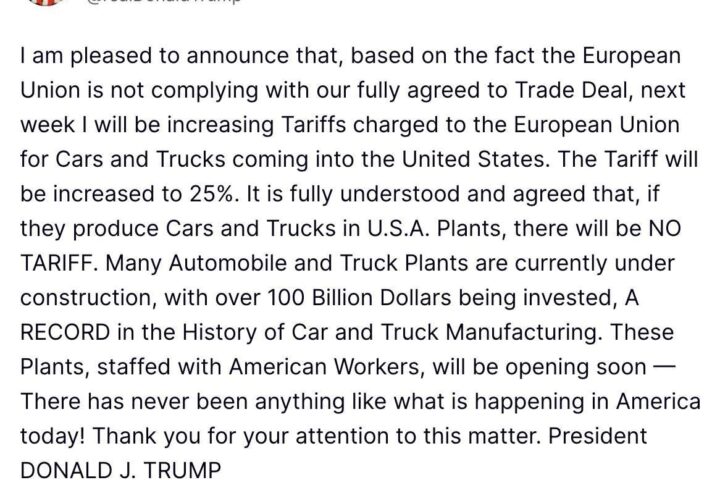 Truth Social de Trump sobre aranceles a la UE.