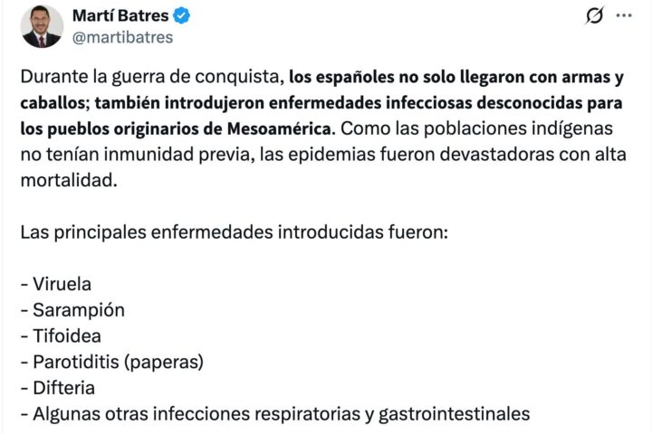 Martí Batres recuerda enfermedades traídas por los españoles tras visita de Isabel Díaz Ayuso