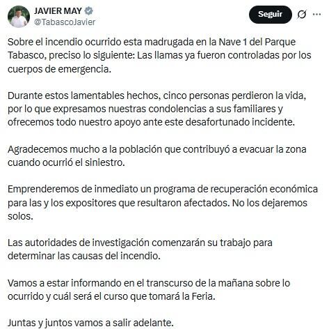 Javier May informa que incendio en la Feria de Tabasco dejó 5 muertos.