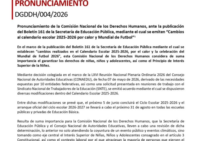 CNDH alerta impacto en familias tras cambios al calendario escolar