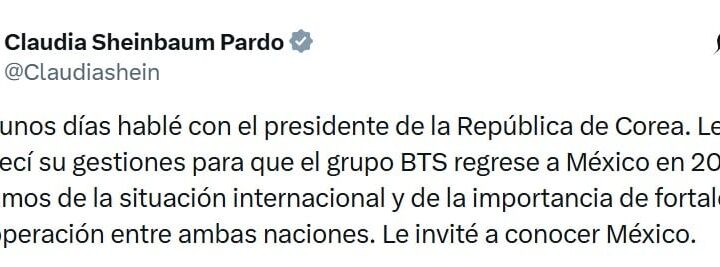 Claudia Sheinbaum agradece a presidente de Corea del Sur gestiones para regreso de BTS