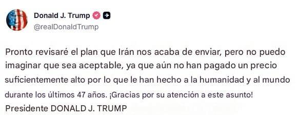 Trump revisará propuesta de Irán, pero dice que “no han pagado lo suficiente”