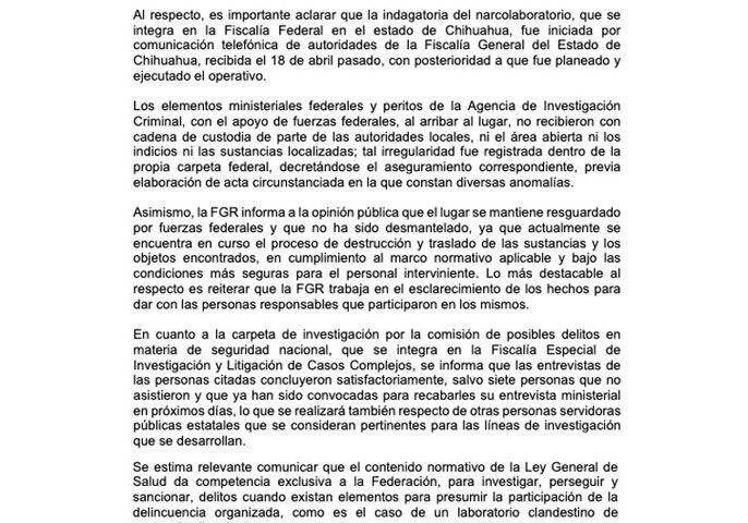 FGR analiza si Fiscalía de Chihuahua excedió facultades en caso de narcolaboratorio