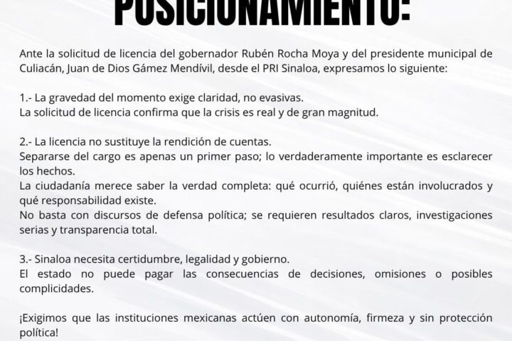 PRI Sinaloa exige cuentas tras licencias de Rocha Moya y Gámez Mendívil