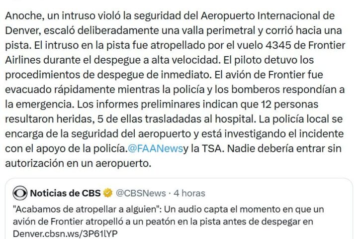 Avión de Frontier Airlines aterriza de emergencia tras impactar a un hombre en pista de Denver