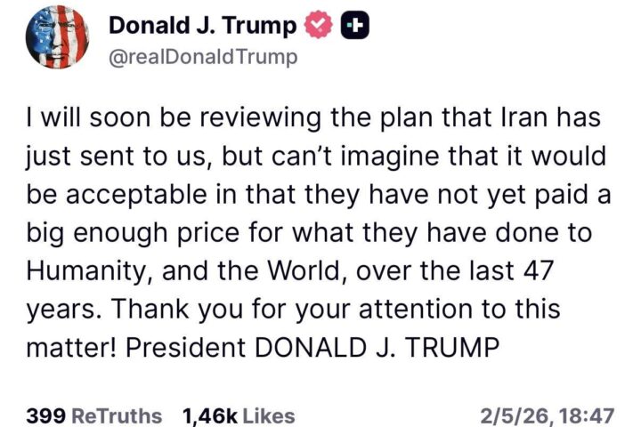 Truth Social de Trump sobre Irán.