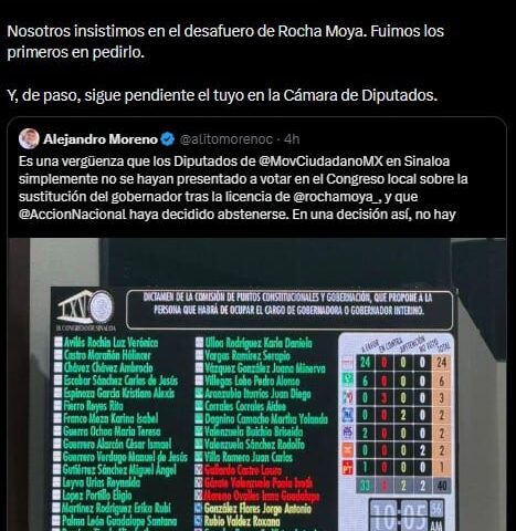 MC responde a Alito Moreno por inasistencia de sus diputados en Sinaloa