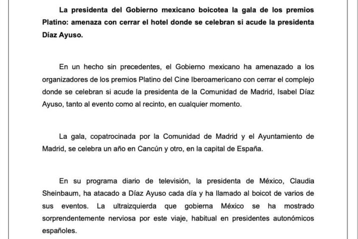 Comunidad de Madrid sobre cancelación de gira de Isabel Díaz Ayuso