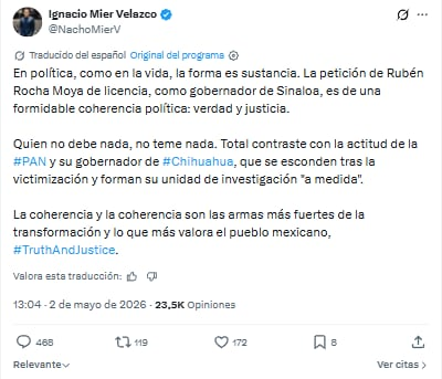 Morena: licencia de Rubén Rocha prueba que hay “cero impunidad”¨