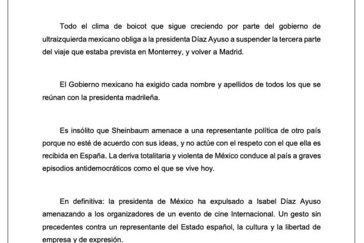 Comunidad de Madrid sobre cancelación de gira de Isabel Díaz Ayuso