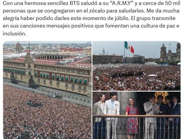 Sheinbaum destaca a BTS por transmitir mensajes de paz e inclusión