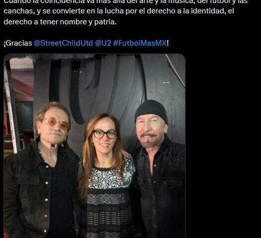 Gaby Cuevas presume foto con U2 en la Copa Mundial de Niños de la Calle