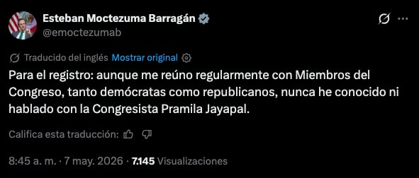 Esteban Moctezuma niega reunión con Jayapal por petróleo de México a Cuba