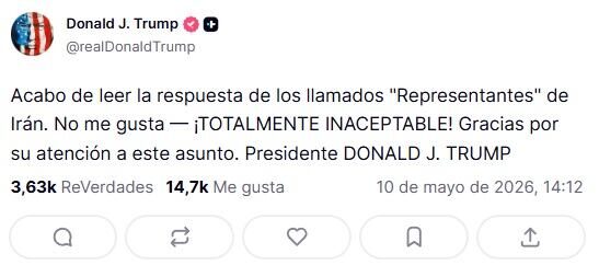 Totalmente inaceptable: Trump reclama respuesta de Irán a su propuesta de paz