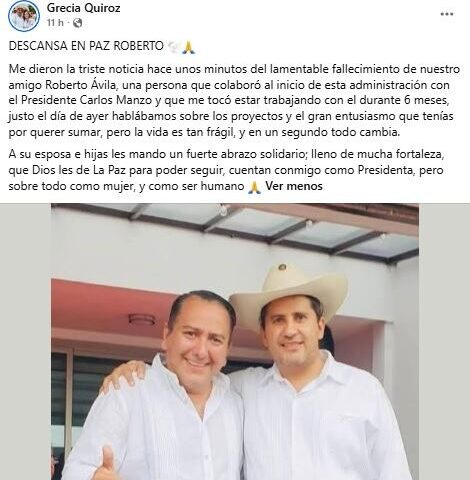 Grecia Quiroz lamenta la muerte de Roberto Ávila Tinoco.