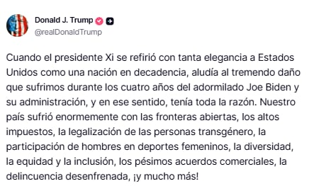 Donald Trump habla de los dichos de Xi Jinping sobre un declive en Estados Unidos.