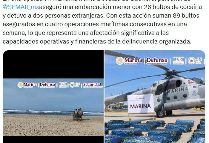 Semar intercepta embarcación con 26 bultos de cocaína