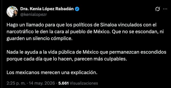 Kenia López Rabadán exige que funcionarios de Sinaloa acusados por Estados Unidos den la cara