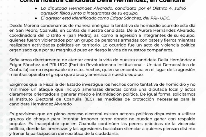 Morena denuncia intento de feminicidio contra la diputada Delia Hernández