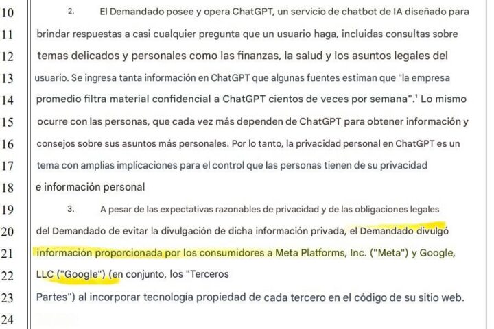 Una demanda acusa a ChatGPT de compartir datos sensibles con Google y Meta