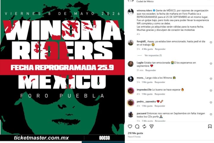 Winona Riders reprograma concierto en Foro Puebla