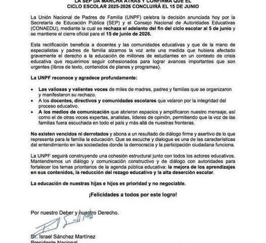UNPF celebra continuidad del calendario escolar de la SEP