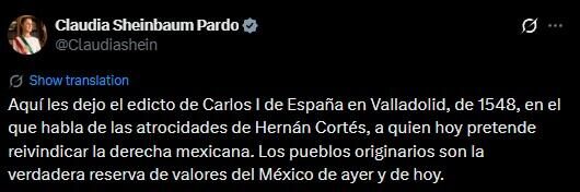 Sheinbaum cita edicto de 1548 para señalar “atrocidades” de Hernán Cortés y criticar a la derecha