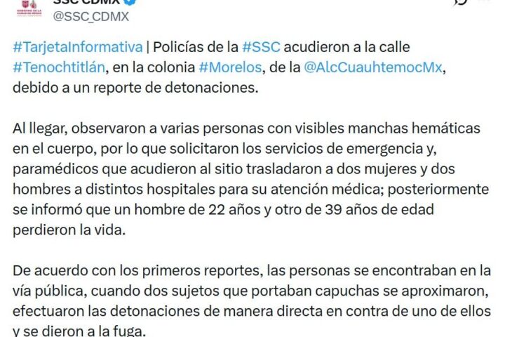 SSC confirma dos muertos y dos heridos por balacera en Tepito