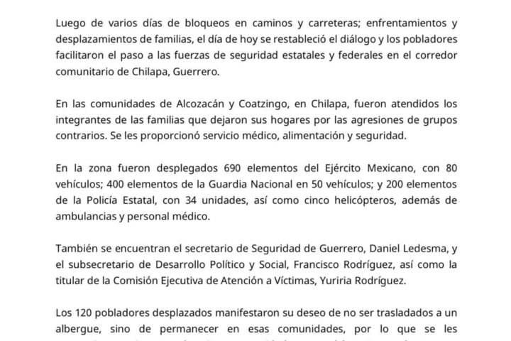 Autoridades recuperan control de Chilapa, Guerrero tras hechos violentos