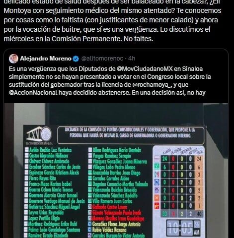 MC responde a Alito Moreno por inasistencia de sus diputados en Sinaloa