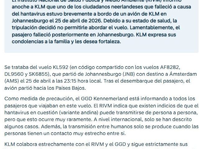 Comunicado de KLM sobre la pasajera con hantavirus que contagió a una azafata.