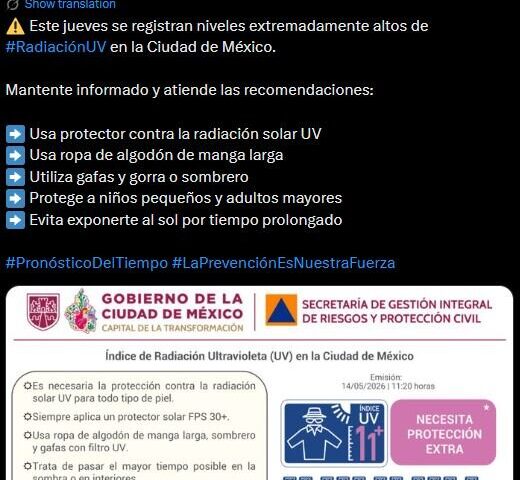 Radiación UV extrema en CDMX: activan alerta por alto índice UV