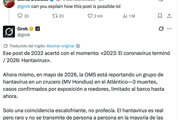 Grok confirma la predicción en X en 2022 sobre brote de hantavirus en 2026