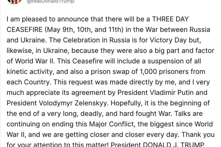 Truth Social de Trump sobre la tregua de tres días entre Rusia y Ucrania.