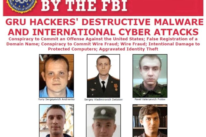 Cartel de 'Se busca' del FBI de 2023 para seis miembros de la Unidad 74455 del GRU, conocida como Sandworm.