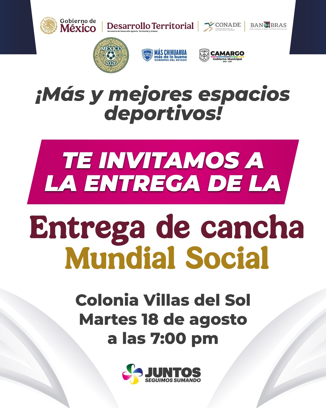 Gobierno Municipal invita a la entrega de la cancha Mundial Social en Villas del Sol, este martes a las 7:00 pm