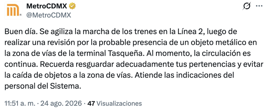 Colapso matutino en la Línea 2 del Metro CDMX por densa acumulación de humo en Tasqueña