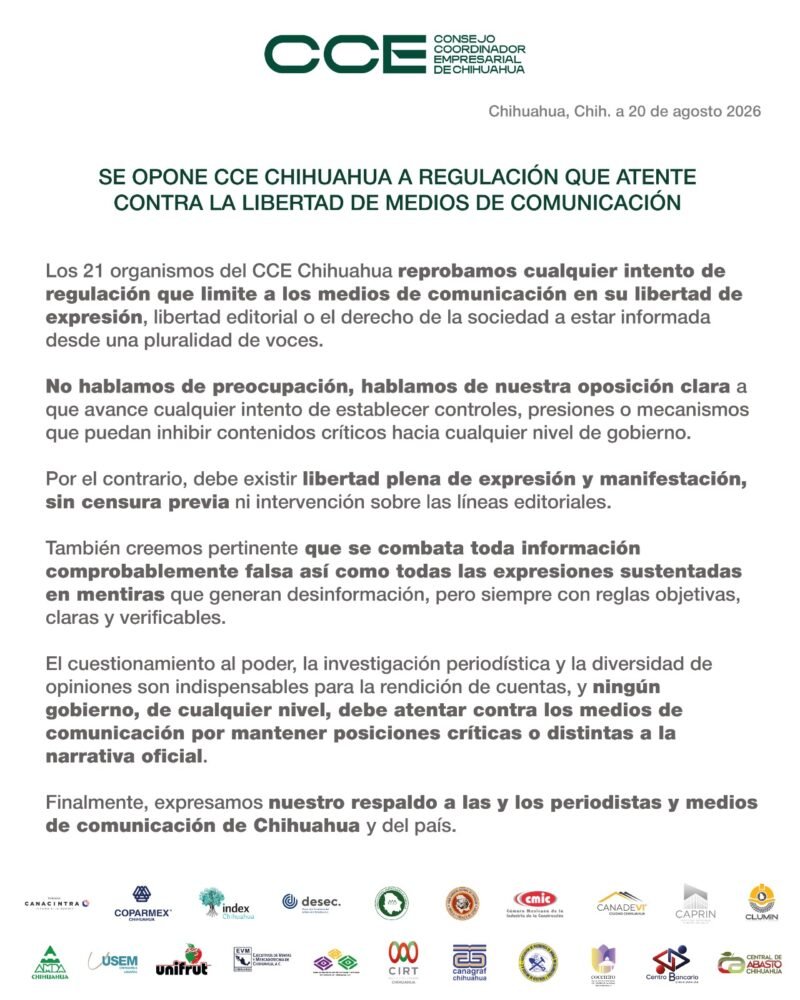 El sector empresarial en Chihuahua alza la voz contra cualquier normativa gubernamental que busque censurar a la prensa