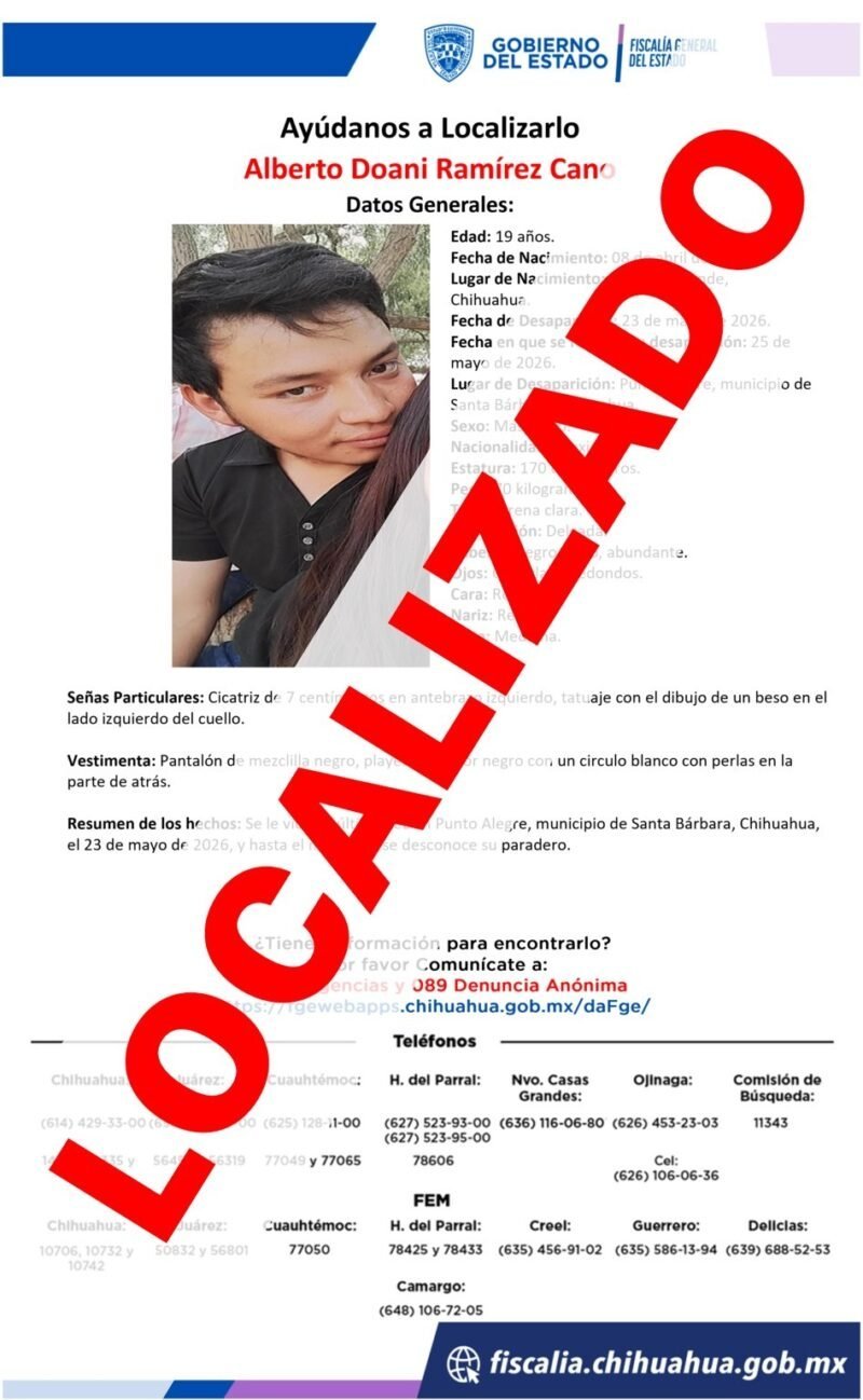Fiscalía zona sur localiza en la capital del estado a joven reportado como ausente en Santa Bárbara